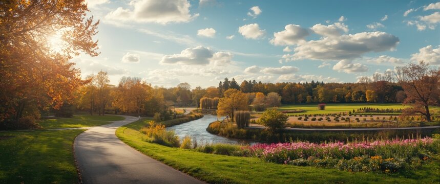 Patterned walkway park background featuring water, summer, nature, spring, landscape, road, autumn, happy vibes