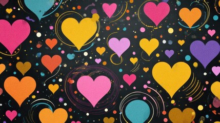 Fototapeta premium Colorful heart shapes with abstract swirls and dots on a dark background