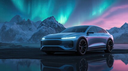 Naklejka premium Modern electric car under a magical aurora sky