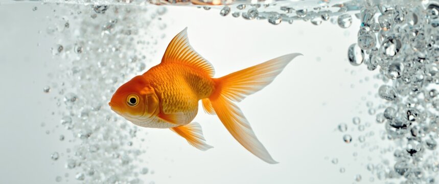 Studio shot of a goldfish with bubbles in front of a white backdrop, taken with a 5D Mark III