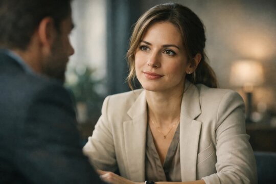 Confident businesswoman listening attentively during professional meeting in modern office interior.