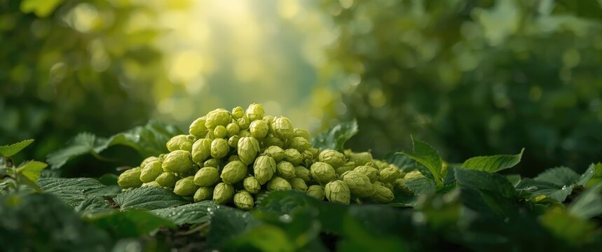 Texture of hop cones and humulus lupulus with hop flower backdrop