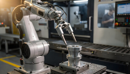 Fototapeta premium Precision Automation: Robotic Arm Handling Metal Component in Modern Industrial Setting, Highlighting Technological Advancement and Efficient Manufacturing Processes