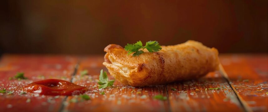 Roasted roll papad, a classic Indian starter or side, presented with tomato ketchup on a vibrant or wooden surface