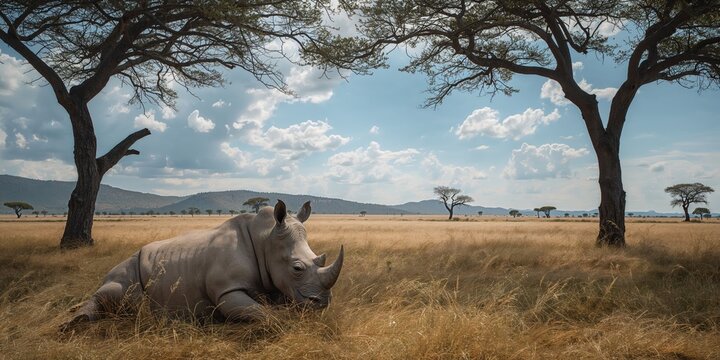 Rhino resting in natural habitat, highlighting wildlife preservation efforts