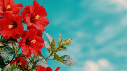 Obraz premium Vibrant Red Hibiscus Flowers Against a Blue Sky Background