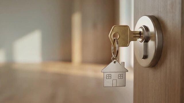 A key is in the door of a new home. The background shows a bright home interior. The clip conveys buying a house, renting, moving in, and home ownership. Use for real estate, construction, finance, or