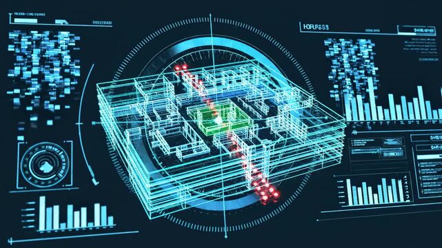 Seamless loop of a futuristic Heads Up Display HUD interface monitoring and tracking movement across a stylized, digital facility blueprint corporate, architecture, data visualization