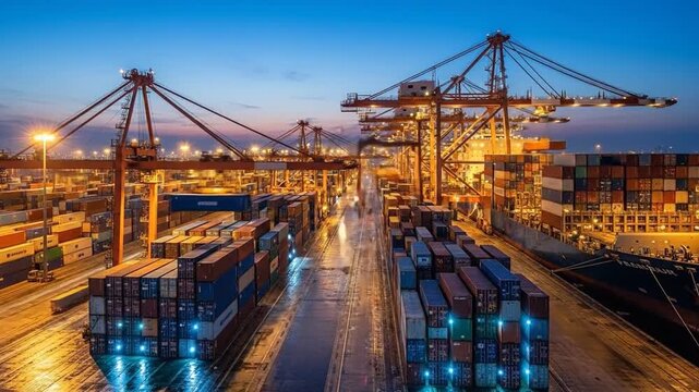 Shipping Containers Stacked at Port Terminal Representing International Trade and Logistics