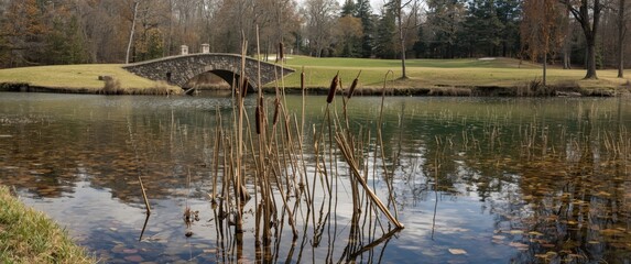 Obraz premium Autumn scene of shallow water in the lake inlet with a golf course and a small stone bridge behind dead cattails