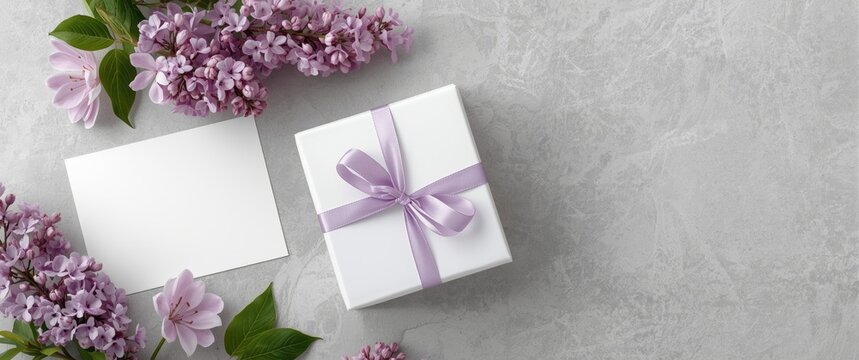 Stationery mockup of greeting or invitation card with a gift box and lilac flowers on grey background, ideal for wedding and spring celebrations