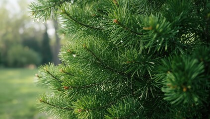 Green spruce tree with pine needle texture in the garden, winter readiness