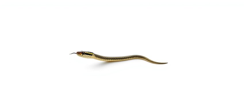 Baby Eastern Gartersnake against a white background during summer, isolated animal photo in digital black and color