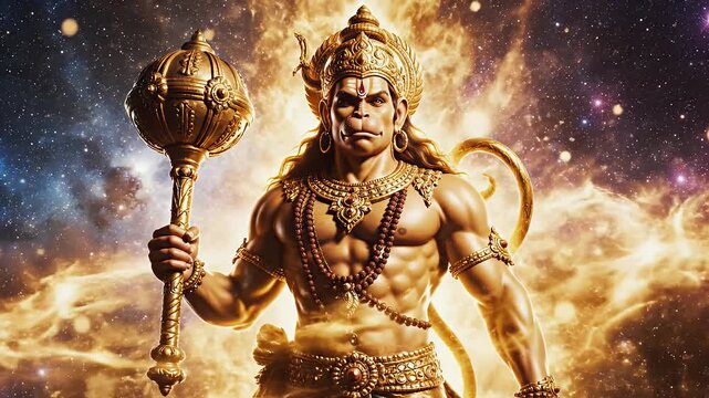 Golden Hanuman in Cosmic Aura - A powerful depiction of Hanuman, the Hindu deity, radiating golden energy and holding his mace.