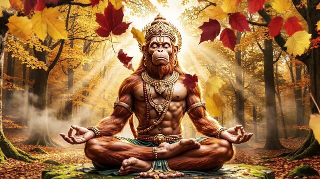 Hanuman Meditating in Autumn Forest - A divine monkey deity sits in a meditative pose on a mossy stone, surrounded by a golden autumn forest with ethereal sunlight.