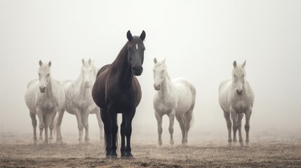 Obraz premium Majestic horses stand together in a dreamy mist
