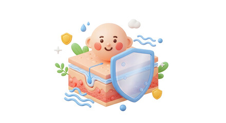 Fototapeta premium 3D illustration of a baby-like character protecting a skin layer with a shield, symbolizing skin barrier defense and gentle skincare.