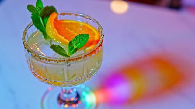 A cocktail in a decorative glass, garnished with orange slice and mint, set on white surface