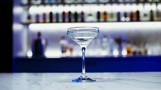 A clear cocktail glass sits on a marble surface with blurred bottles in the background under soft lighting