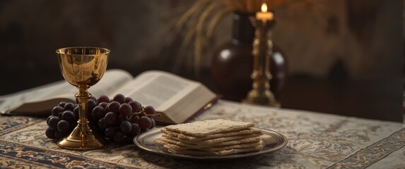 Fototapeta premium Image of Holy communion with a golden chalice, grapes, and bread wafers