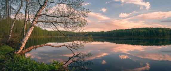 Obraz premium At dusk, birch and pine branches hang over the lake, mirroring the pink sky and clouds