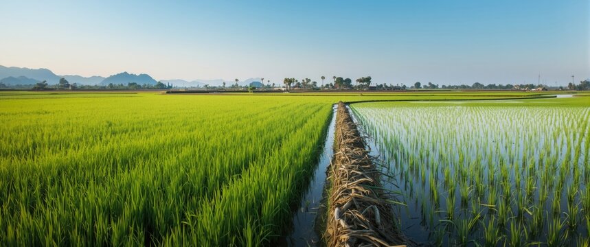 Rice paddies submerged in water for eco-friendly agriculture in Thailand, showcasing nature, land, and green farming practices