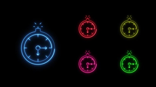 Collection of glowing neon stopwatch icon animations in various colors on a dark background. Time management. Deadline. Urgency. Measurement. Speed