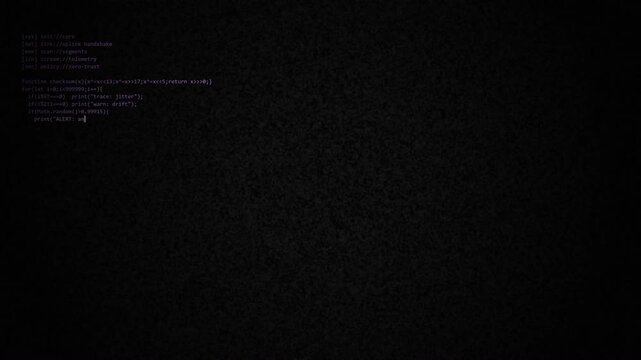 Abstract Network Security Terminal Animation, Cyber Monitoring and Threat Alert Concept, Dark Digital Code Background, 4K