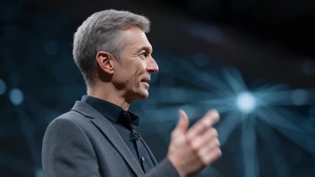Technology leader demis hassabis speaking passionately about artificial intelligence, hand gesturing near luminous networked digital visualization representing computational complexity