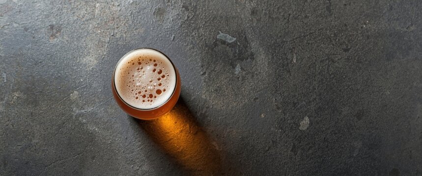 Beer served in a glass resting on a stone surface