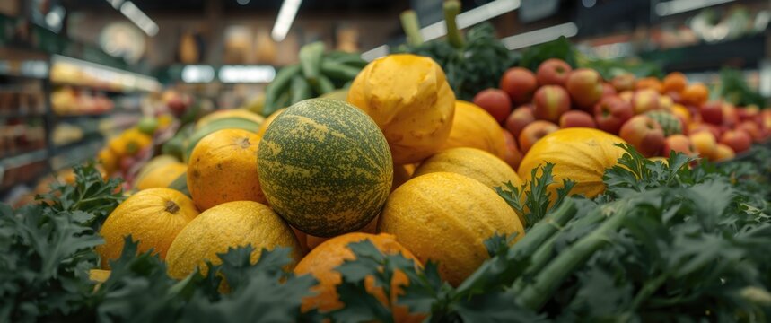 Supermarket display of bunch of fresh melons with fruits and vegetables