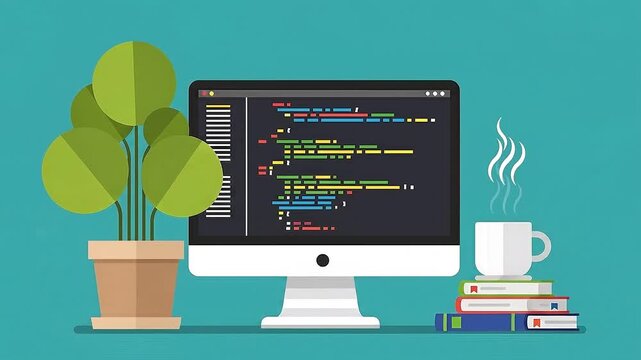 2D Flat Animation of Programmer Workspace with Coding Screen, Potted Plant, and Steaming Coffee
