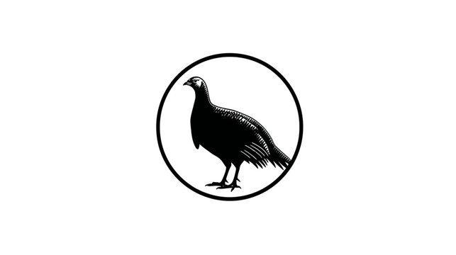 Minimalist black and white illustration of a game bird like a grouse or fowl, standing within a circular frame. Graphic design element.
