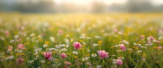 Obraz premium Daisies and camellias blooming in a vibrant green field, perfect for natural postcard and wallpaper backgrounds with soft bokeh banner