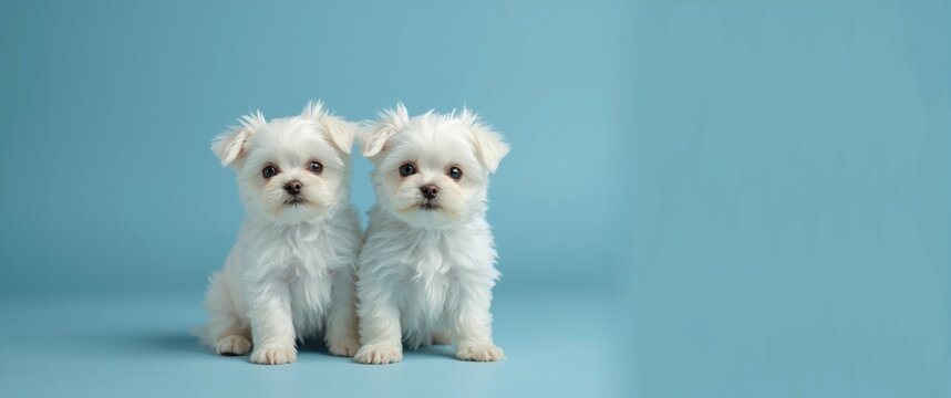 Small white Maltez puppies looking cute on a trendy blue backdrop. Pets and lifestyle concept. Free area for text.