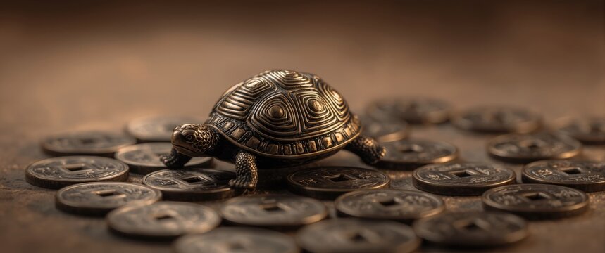 Metal turtle sculpture with a set of Chinese feng shui coins