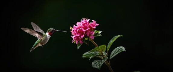 Obraz premium Photograph of a male hummingbird near pink flowers against a dark green backdrop