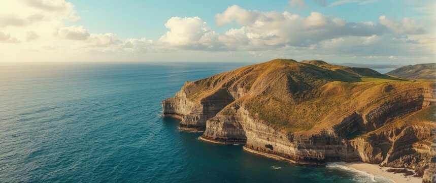 Layered cliffs along the coast at St Govan`s Head in Pembrokeshire, South Wales, UK, during a bright summer day from the Coast Path