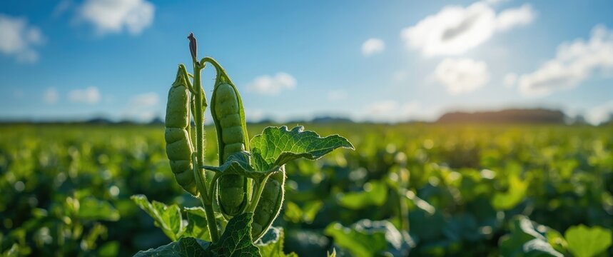 Soybean plants with developing pods in a field scene featuring a clear blue sky and sunny weather. Agricultural soybean growth. Selective focus