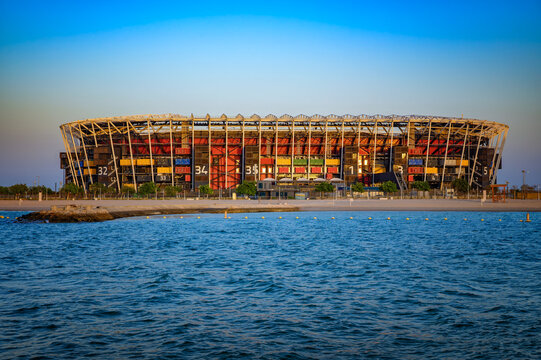 Doha, Qatar - October 28, 2025 : Stadium 974 in Doha, Qatar, built from shipping containers for the 2022 FIFA World Cup. It was previously known as Ras Abu Aboud Stadium.