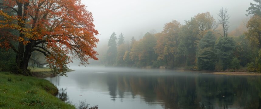 Southern Sweden river landscape at dawn featuring mist, water, trees, and vibrant autumn foliage with textured elements