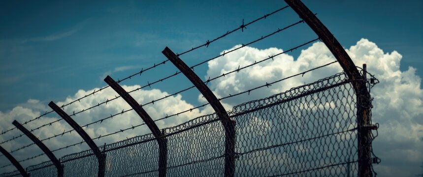 Sky background with barbed wire on prison fencing