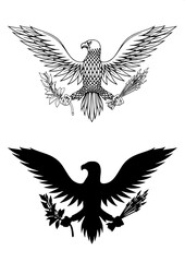 Obraz premium Royal bird emblem, eagle wearing crown, monochrome line art, symmetrical composition