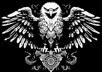 Obraz premium Royal bird emblem, eagle wearing crown, monochrome line art, symmetrical composition