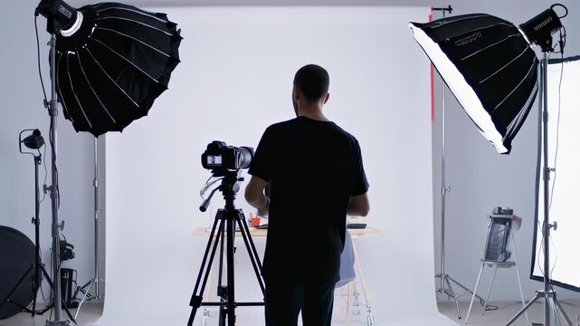 Person behind camera in studio setup with lights and equipment. Back view. Video recording setup