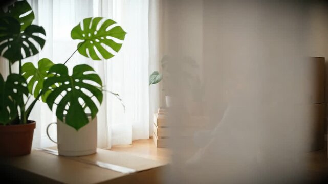 Woman relax in new home, sitting on floor with moving boxes and plants. She hold cup, enjoy serene moment after move. Neutral tones and natural light create calm, peaceful atmosphere.  Interior design