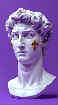 antique male statue bust with golden fleur de lis on face over purple background luxury concept