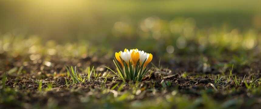 Springtime in the countryside with white and yellow crocuses. Bright and cheerful spring blooms. Fresh plants just started to bloom. Young sprouts sprouting.