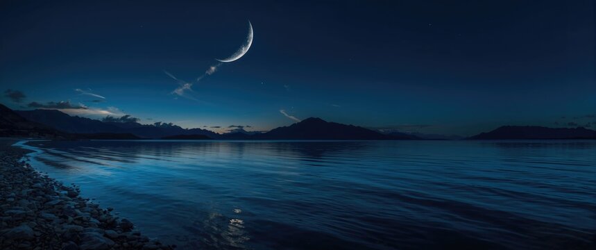 Calm lake under new moon glow