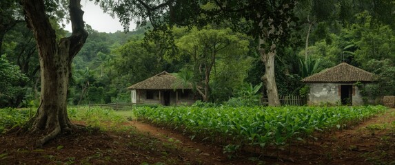 Mexico's Heart: An old house nestled in a lush jungle filled with diverse flora and vibrant crops